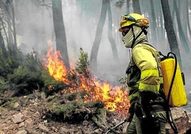 Un bombero durante las labores de extinción de un incendio en la sierra de la Culebra, en Zamora.