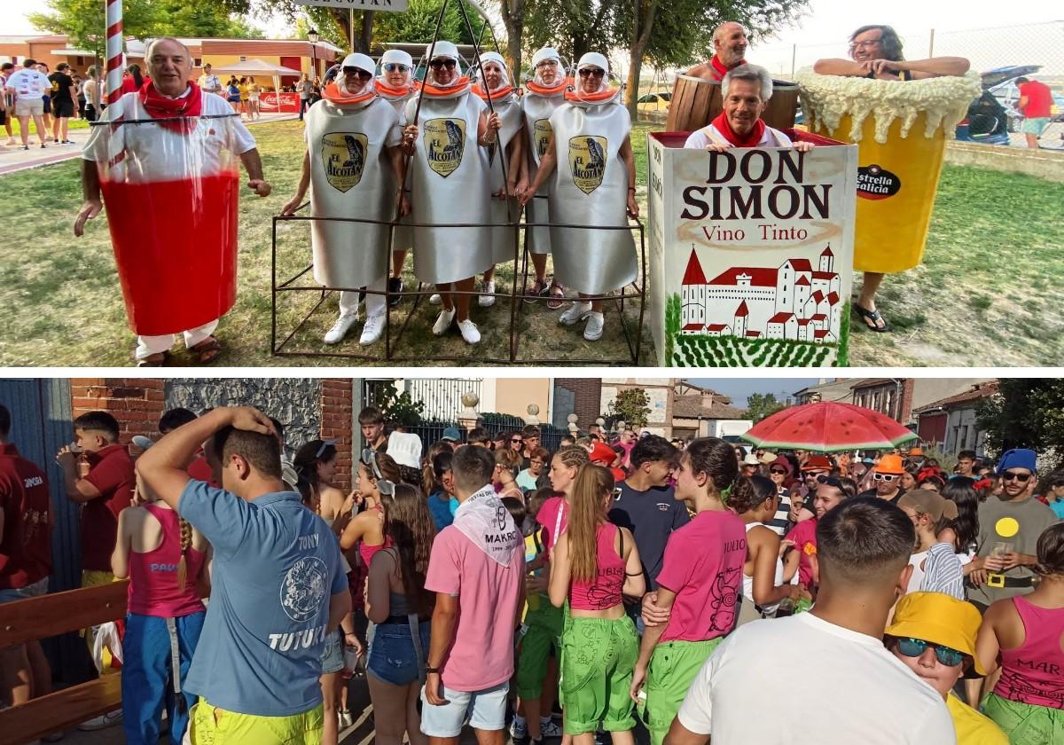 Arriba, la peña El Desastre, ganadora del concurso de disfraces de las fiestas de Alcazarén. Abajo, peñistas, durante el 'Pincho de cine' en las fiestas de Megeces.