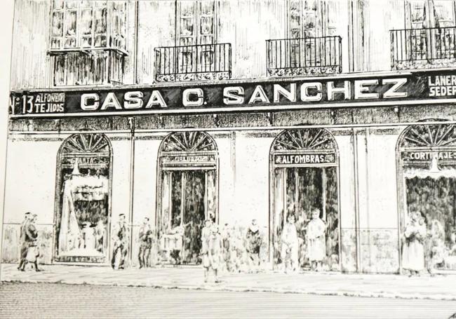 Ilustración de la tienda Casa C. Sánchez, que en 1929 se presentaba como «la más antigua» en tejidos, colchas, velos, mantos y peletería, en Duque de la Victoria.