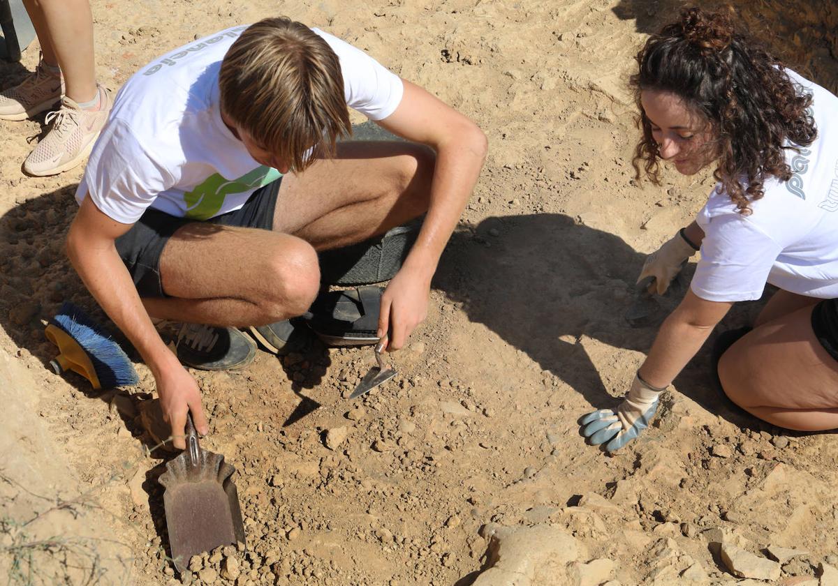 dos voluntarios trabajan en el suelo de la cata, este miércoles en Paredes de Nava.