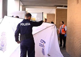 Efectivos de la Policía Nacional y Judicial preparan las inmediaciones de la vivienda incendiada.