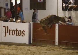 Uno de los toros salta a la parte exterior de la plaza del Coso.