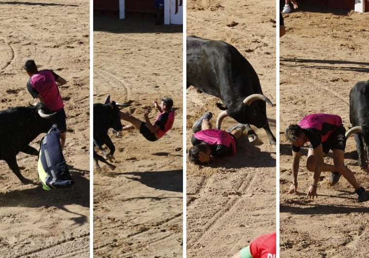 Momento en el que el toro embiste al joven en la Plaza del Coso.