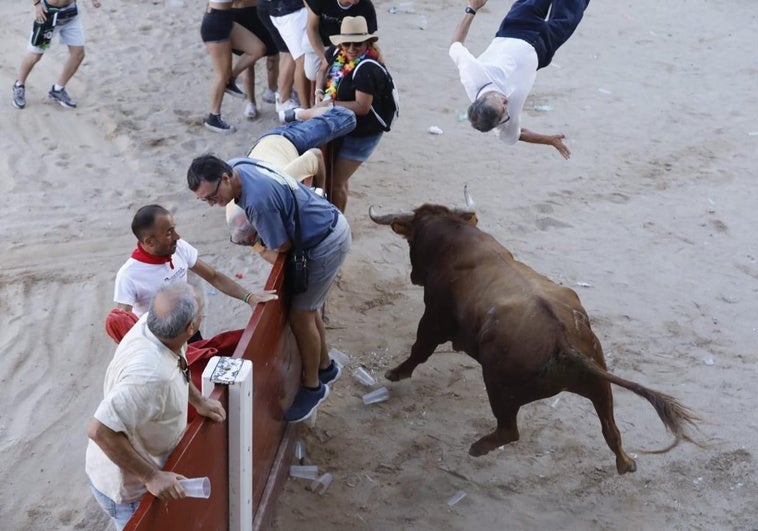 Momento en el que el toro lanza por los aires al hombre.