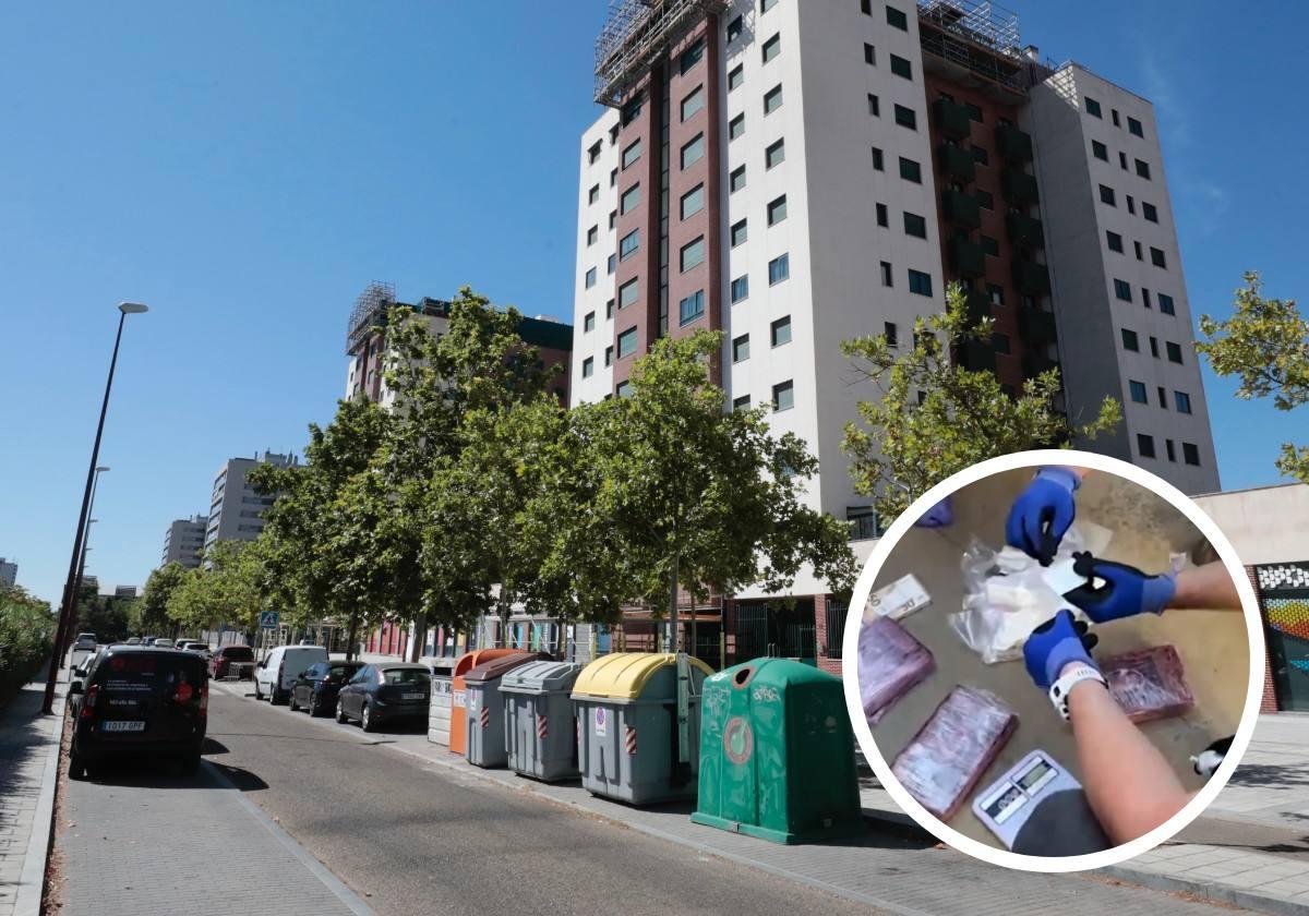 Paseo Arco de Ladrillo, donde tuvo lugar el disparo el 10 de julio. En el círculo, droga intervenida por la Policía.