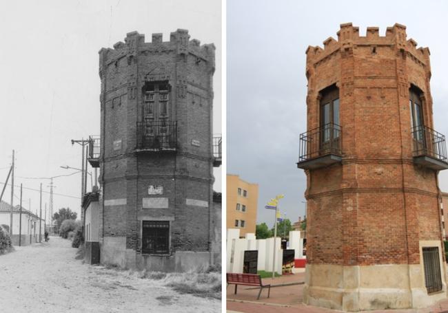 El torreón en 1981 y presidiendo la plaza de las Ciudades Hermanas.