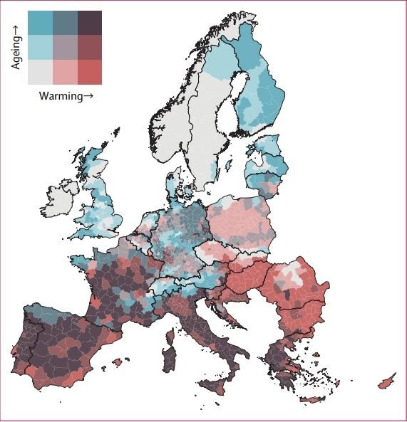 Previsión de los puntos más afectados por los efectos del calor en la salud, en función del incremento de las temperaturas y del envejecimiento de la población. Valladolid está entre las zonas de Europa más afectadas, lo que los autores del estudio llaman 'puntos calientes'.