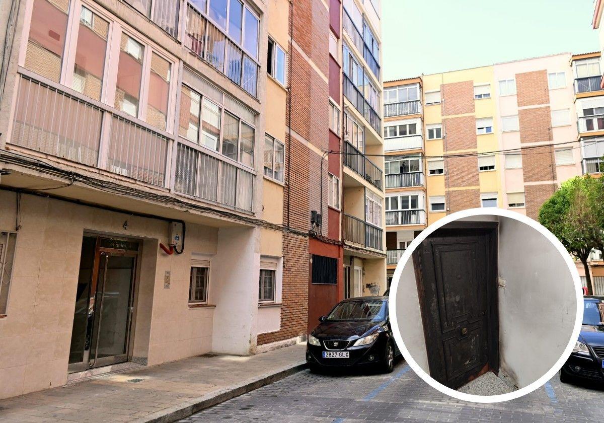 Bloque donde se produjeron los hechos. En el círculo, estado actual de la puerta de acceso a la vivienda, prácticamente calcinada.