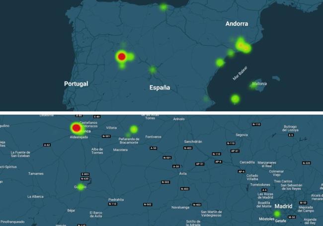 Arriba, la mancha de Salamanca en comparación con el resto de capitales de España. Abajo, diferencia comparativa de intensidad y tamaño con Madrid