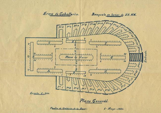 Plano de la disposición del banquete celebrado el cinco de mayo de 1921 en el Teatro Calderón.