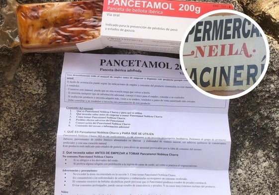 El Pancetamol de 200 gramos y, a la derecha, el cartel del supermercado de Candelario en Salamanca.