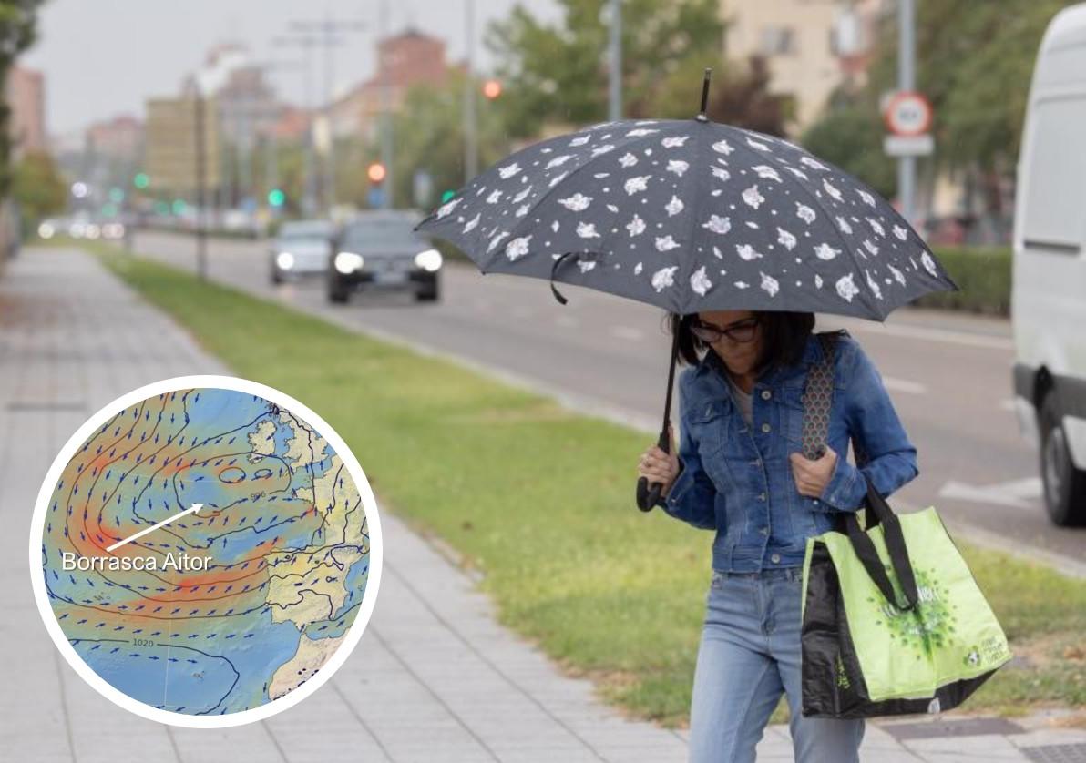 Jornada otoñal en Valladolid y detalle de la borrasca Aitor acercándose a la península en un plano elaborado por la Aemet.