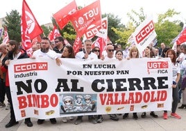 Trabajadores de Bimbo concentrados contra el cierre ante la sede de las Cortes el pasado martes.