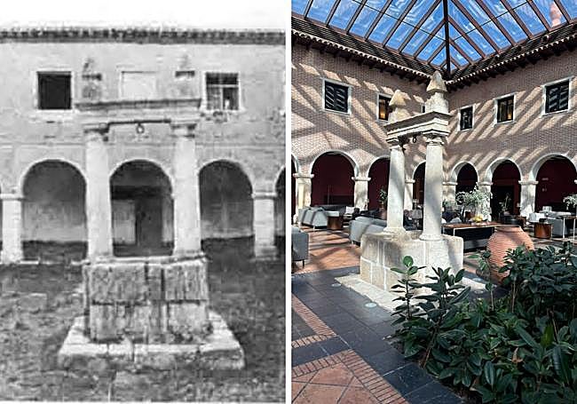 Foto antigua y reciente del pozo del Monasterio de Santa Ana, actual Hotel AC.
