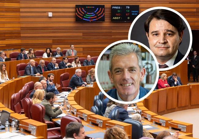 Hemiciclo de las Cortes en el último pleno e imágenes de José Francisco Hernández y David Beltrán, baja y alta esta legislatura en la lista del PP por Ávila.