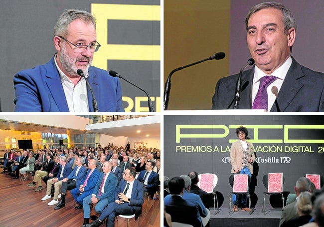 El director de El Norte, Ángel Ortiz. y el consejero José Luis Sanz Merino (arriba). Público asistente en el Centro Cultural Miguel Delibes y el ilusionista Miguel de Lucas, durante su actuación en la gala de los II Premios de Innovación Digital.