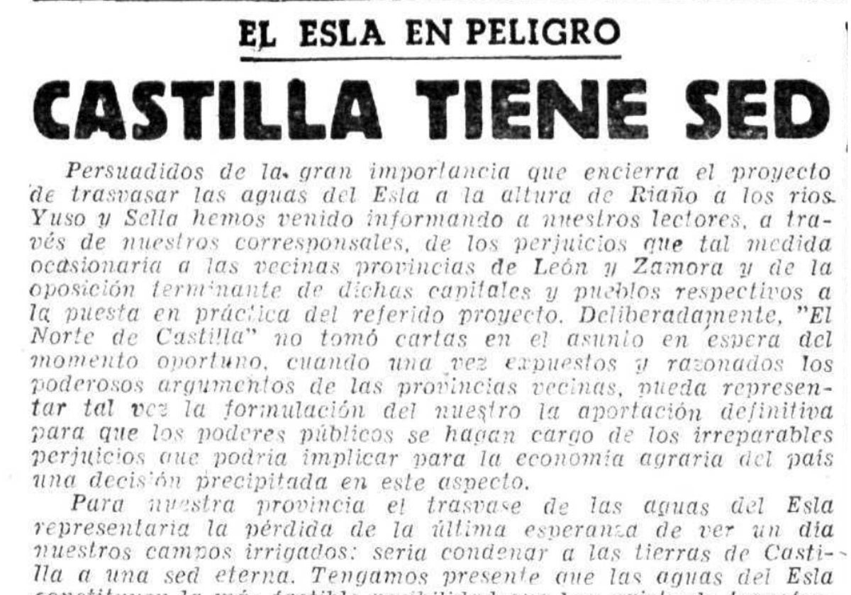 Editorial contra el trasvase del Esla, publicado el 24 de mayo de 1958.