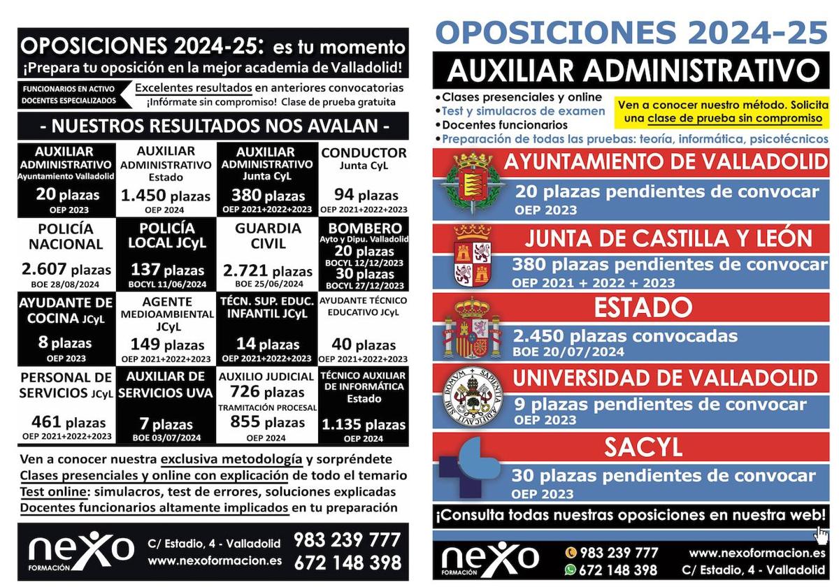 Nexo Formación, la mejor academia de Valladolid y Castilla y León para preparar las oposiciones de Auxiliar Administrativo