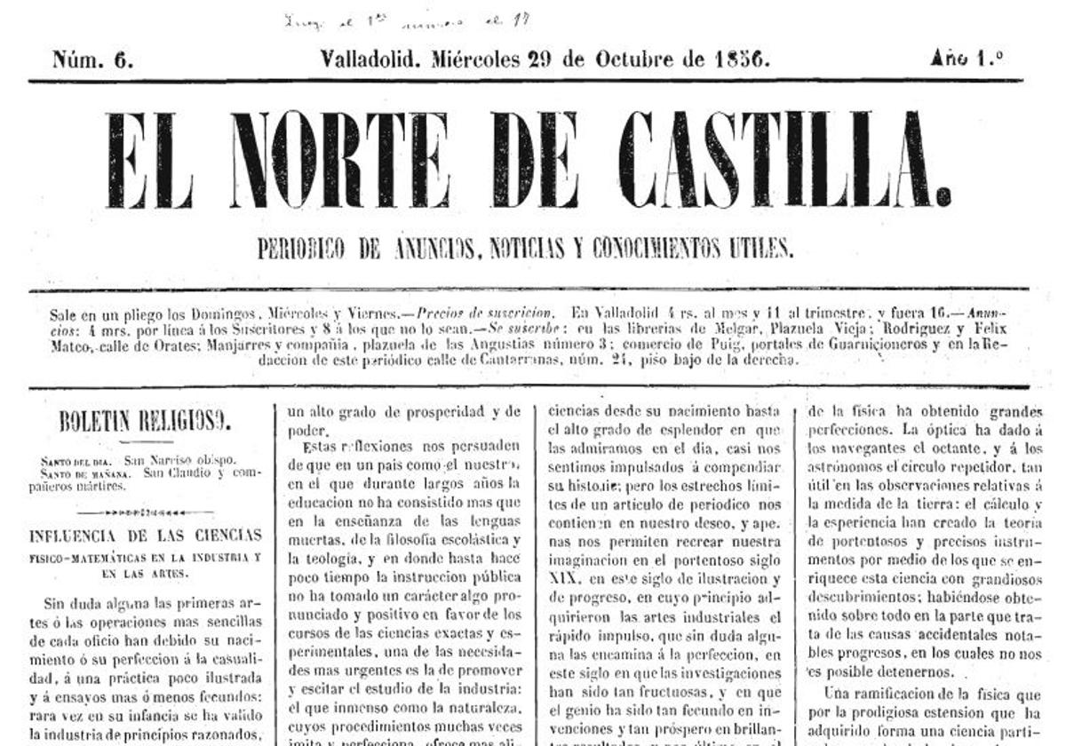 Una de las portadas del diario de 1856.