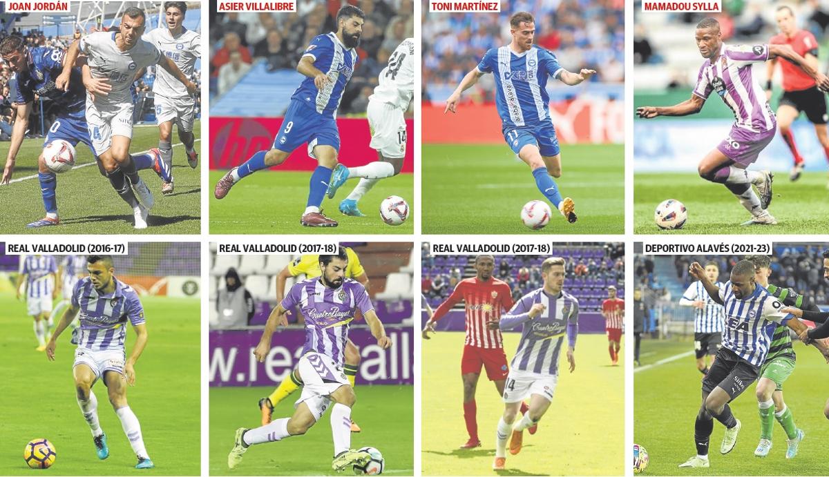 Joan Jordán, Asier Villalibre, Toni Martínez y Mamacou Sylla con las camisetas del Alavés y el Real Valladolid.