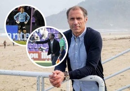 Alberto López, en la playa de la Concha. En detalle, como portero y entrenador del Real Valladolid.