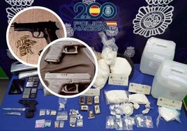 Droga intervenida durante la operación. En los círculos, imágenes de pistolas que vendía el presunto grupo criminal.