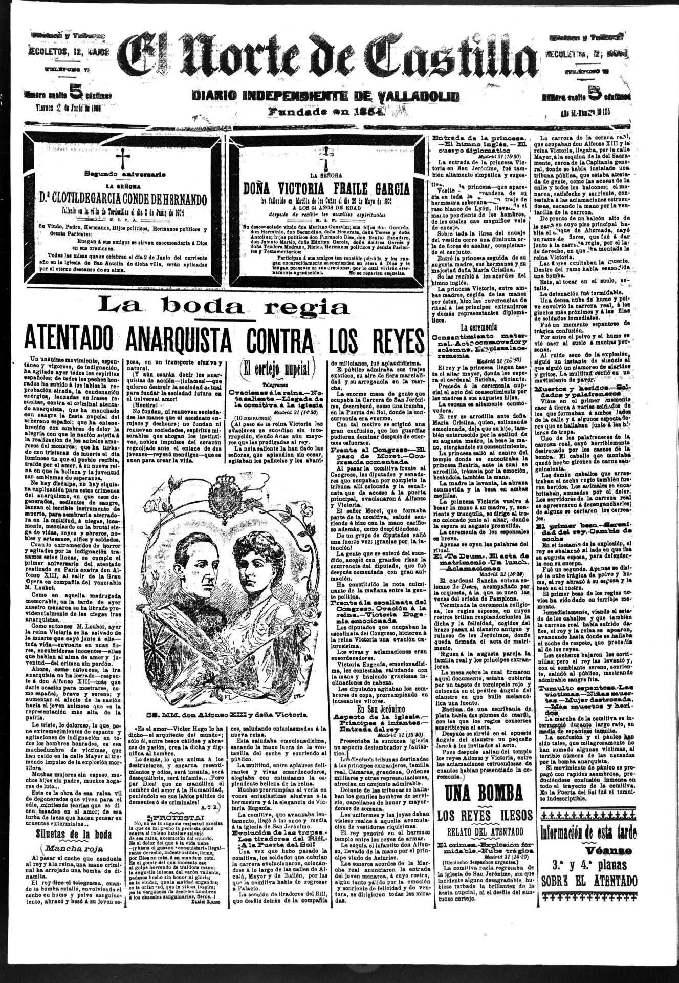 El Norte informa del atentado anarquista ocurrido al paso de la comitiva de la boda real de Alfonso XIII y Victoria Eugenia de Battemberg.