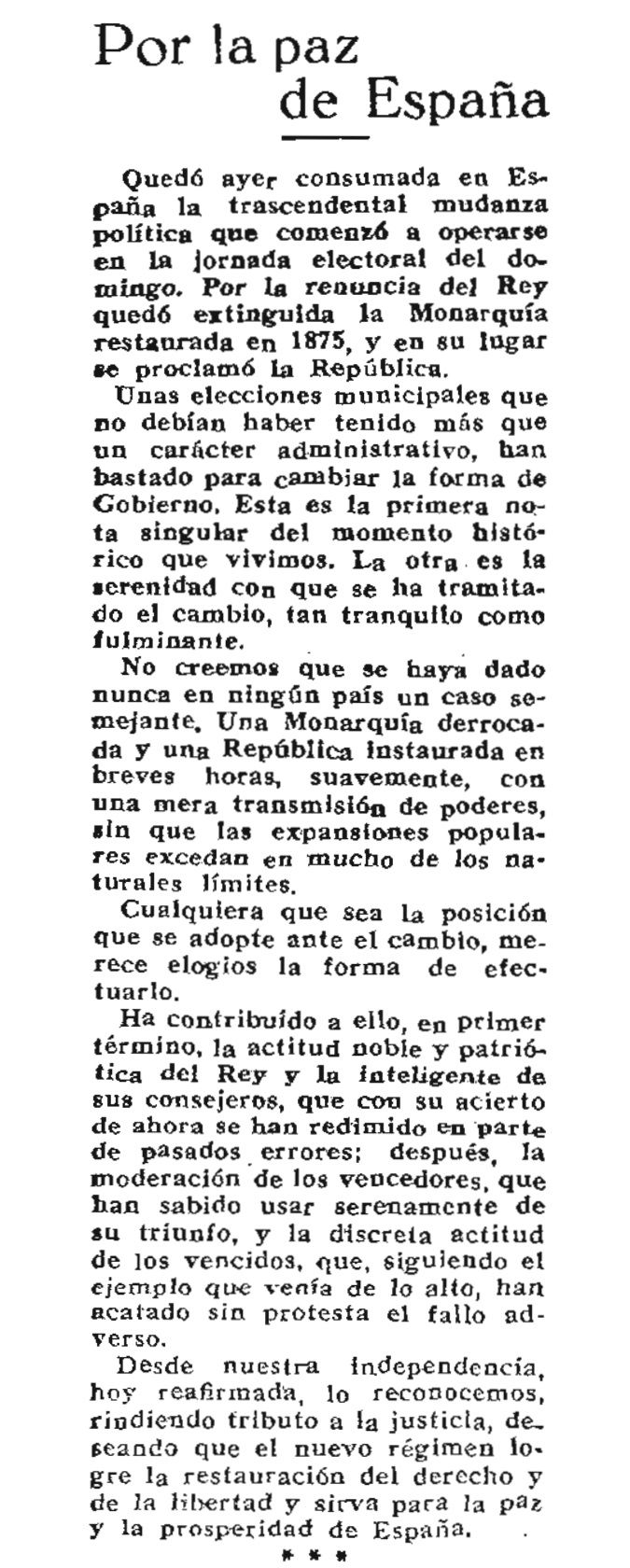 Editorial publicado el 15 de abril de 1931 tras la proclamación de la Segunda República