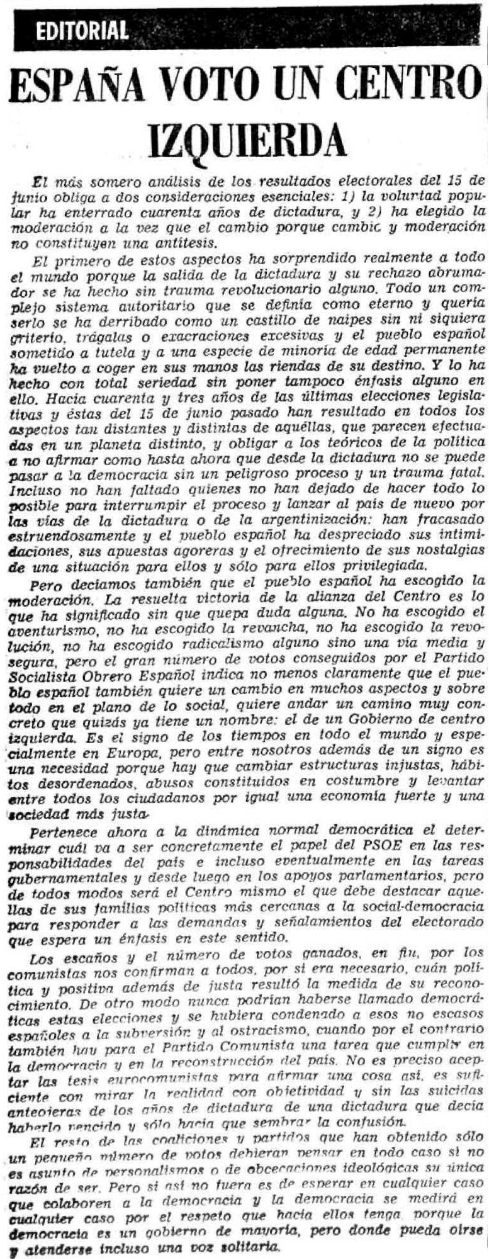 Editorial sobre las elecciones generales de junio de 1977, publicado el día 17