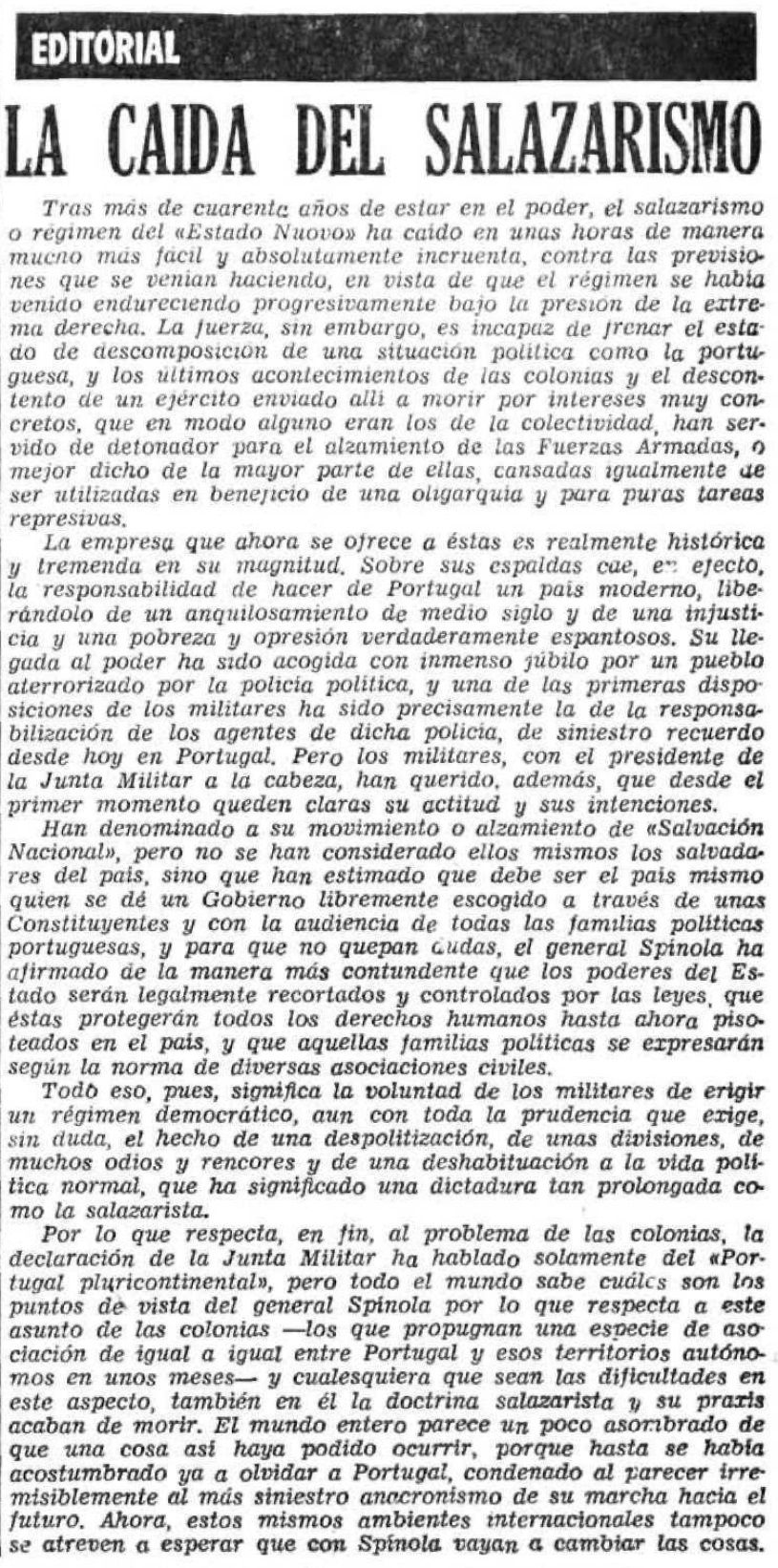 Editorial sobre el fin de la dictadura de Salazar en Portugal, 27 de abril de 1974