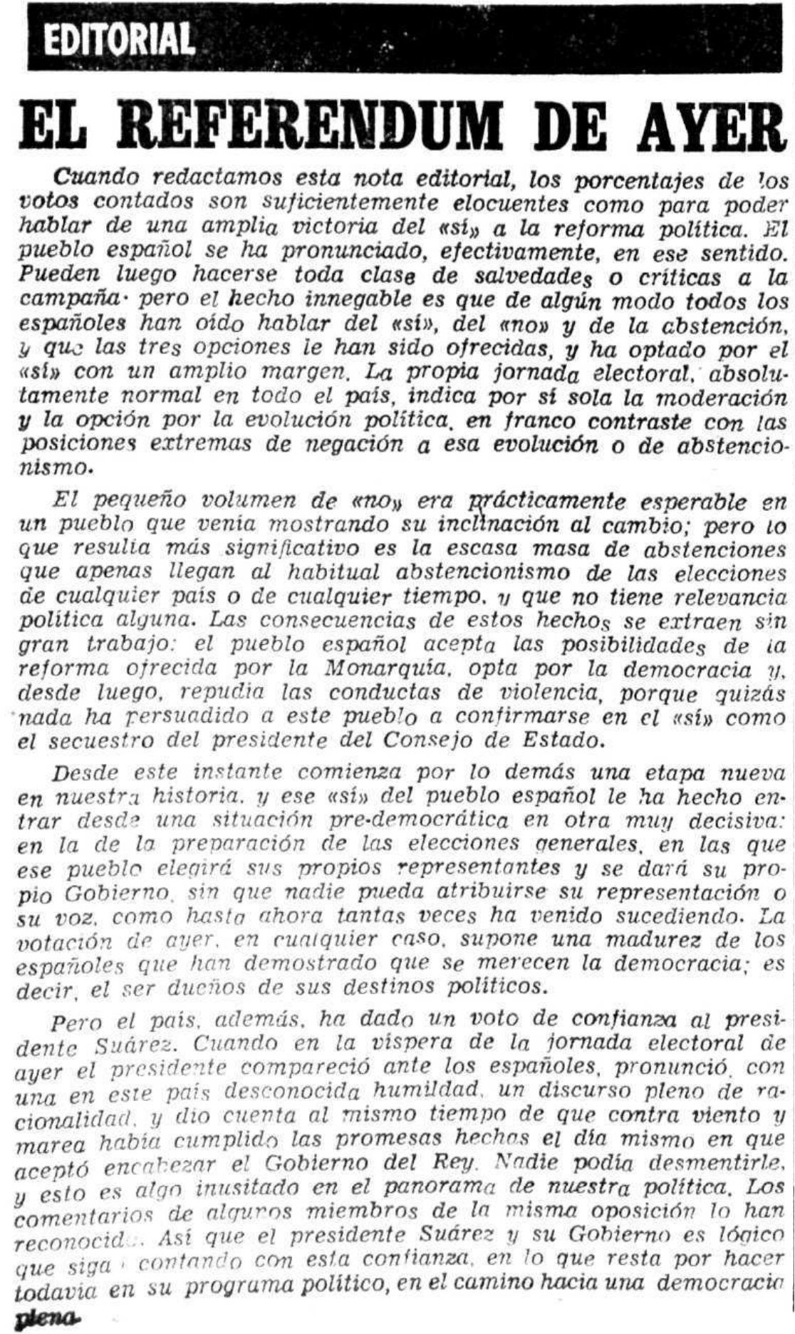 Editorial sobre el referéndum de la Ley para la Reforma Política, 16 de diciembre de 1976