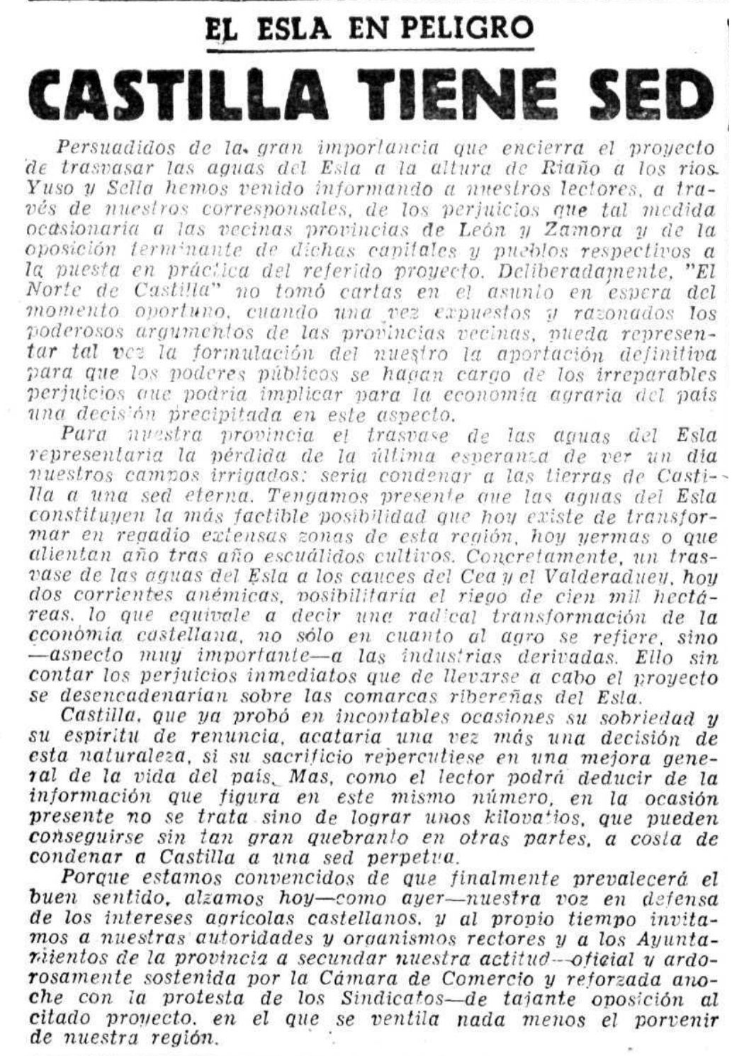 Editorial contra el trasvase del Esla, publicado el 24 de mayo de 1958