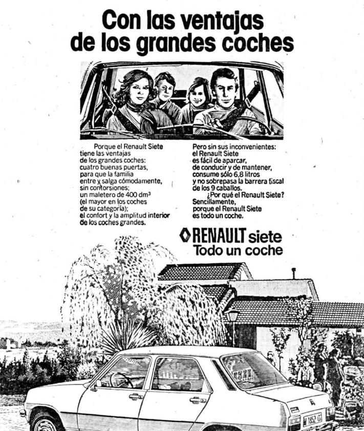 Imagen secundaria 2 - Arriba, asistentes a la concentración de Renault Siete, a las puertas del concesionario de Vasa en Arroyo. Debajo, artículo de El Norte de la presentación del modelo el 7 de noviembre de 1974. Debajo, un anuncio de 1975.