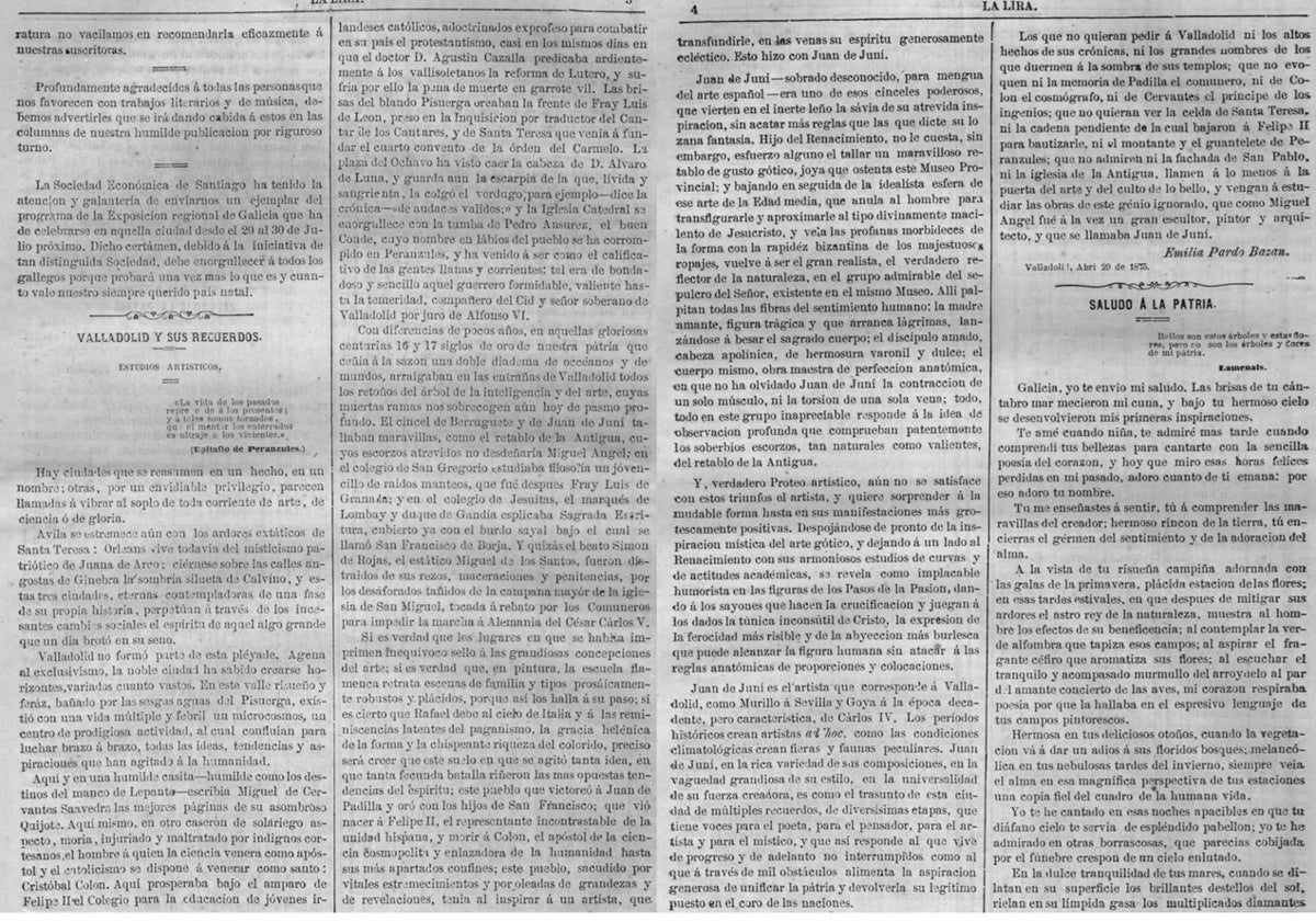 Imagen principal - Arriba, el artículo de Emilia Pardo Bazán sobre Valladolid publicado en 'La Lira' en 1875; abajo, el Ateneo, donde impartió la conferencia inaugural en 1920, y el retablo de Juan de Juni en la catedral de Valladolid.