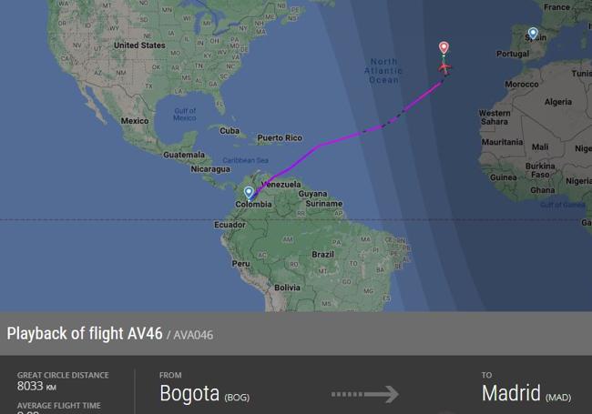 Captura de pantalla de la página web de Flightradar24 en la que se observa la ruta que siguió la aeronave de Avianca que fue desviada al aeropueto de Ponta Delgada cuando se dirigía a Madrid desde Bogotá.