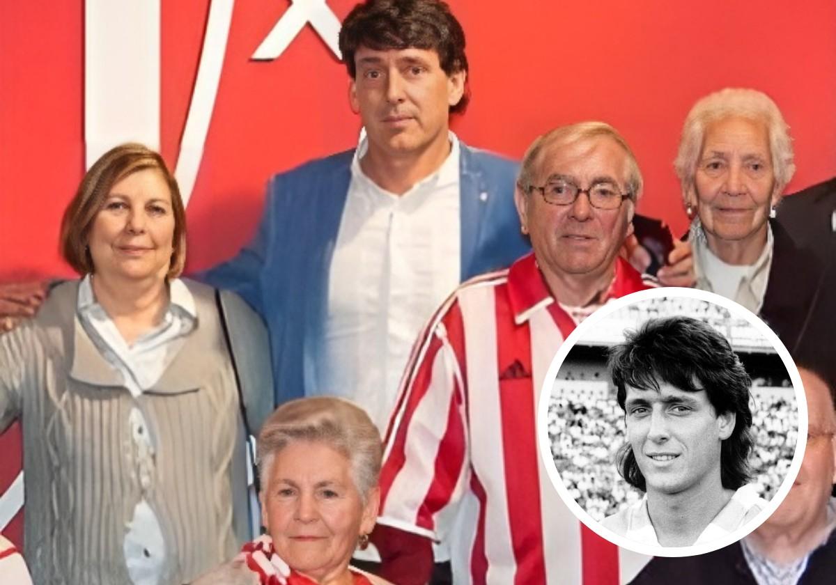 Ayarza, en la actualidad con peñistas del Athletic. En la imagen en blanco y negro, en su época como blanquivioleta.