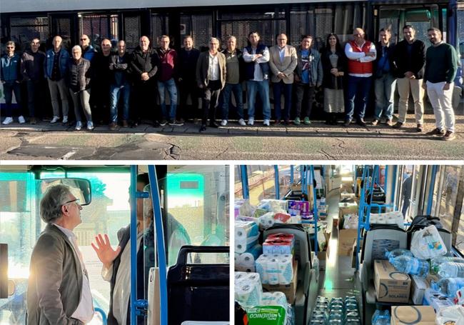 Arriba, los trabajadores de Auvasa que han colaborado en la recogida de los alimentos y otros productos para las víctimas de la DANA junto al gerente de la empresa, Eduardo Cabanillas, que aparece abajo conversando con el presidente del Comité de Empresa. A la derecha, interior del autobús con la ayuda destinada a Valencia.