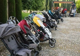 Carritos de bebé colocados en fila en un municipio segoviano.