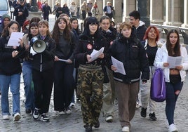 Estudiantes lanzan proclamas durante la manifestación en su transcurso por la avenida del Acueducto.