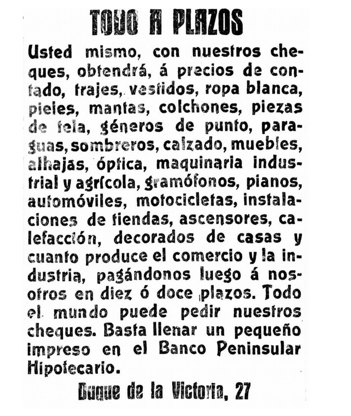 Imagen secundaria 2 - Arriba, empleados y comerciales del Banco Peninsular Hipotecario homenajean a su director, Gabriel Piñana, antes de estallar el escándalo. Abajo, noticia sobre el mismo y anuncio de 1923 en El Norte de Castilla. 