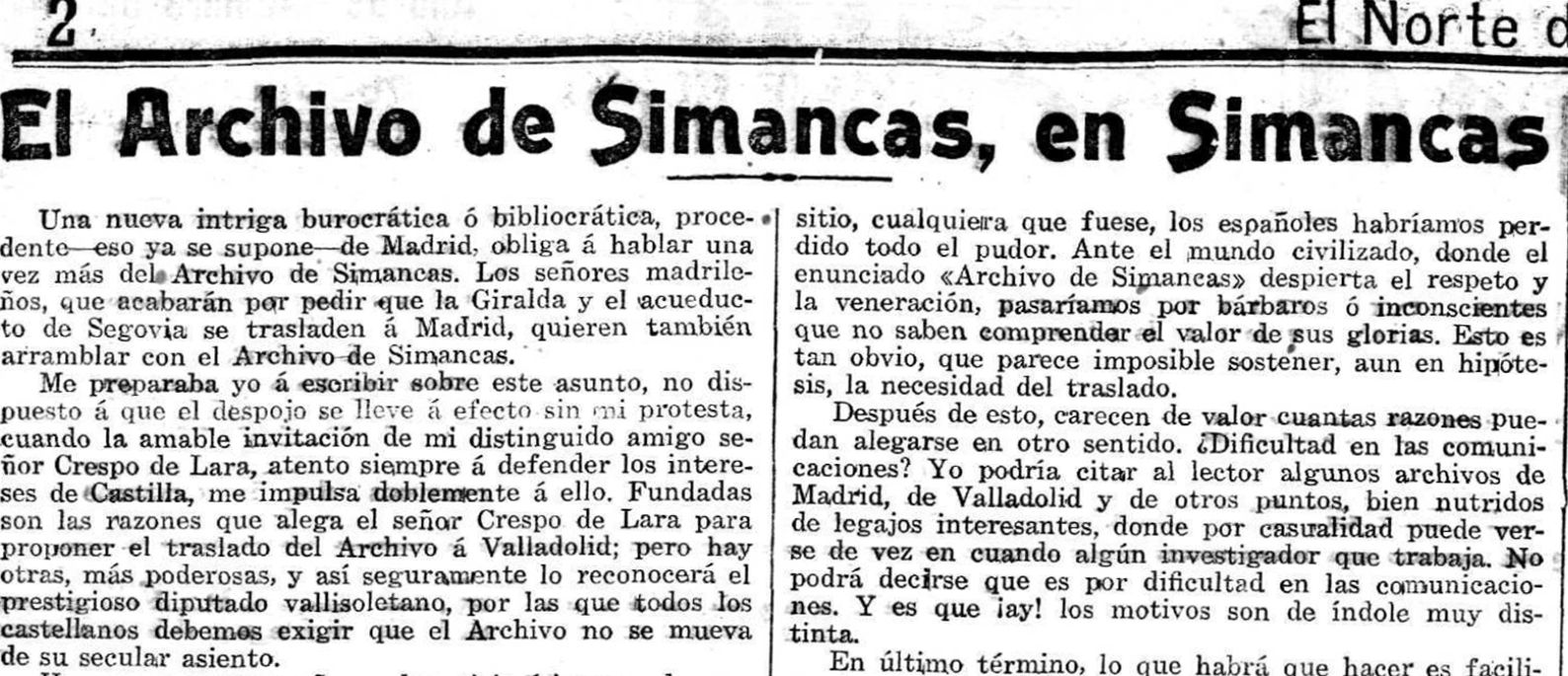 Artículo de Narciso Alonso Cortes publicado el 20 de octubre de 1922 en El Norte de Castilla.