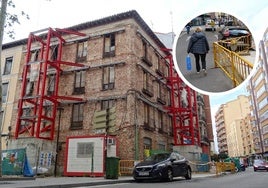 Una mujer (en detalle) pasa por la calzada de Panaderos por el corte de la acera ante el abandono de la rehabilitación del edificio centenario de la plaza del Caño Argales.