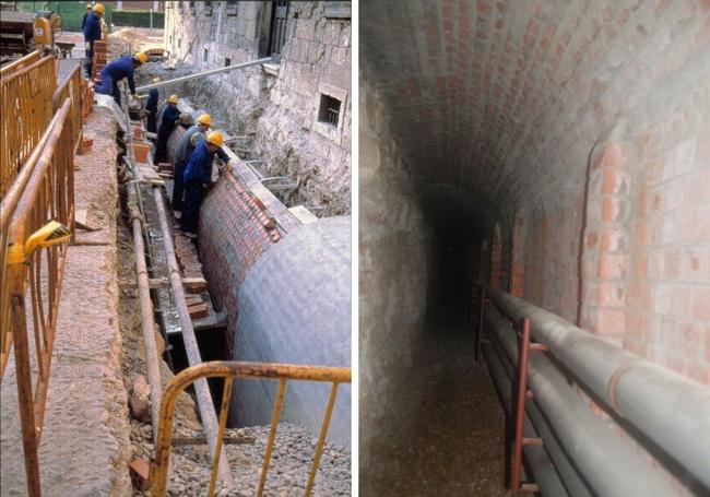 Obra para la construcción de la cámara de ventilación en el año 2000 y, a la derecha, estado actual, después de la limpieza.