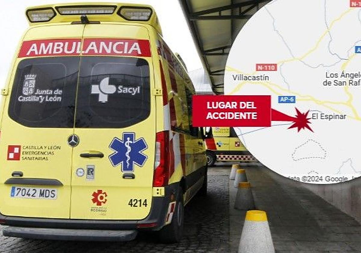 Una ambulancia como la enviada al accidente y la zona en la que se ha producido el siniestro de este miércoles en El Espinar.