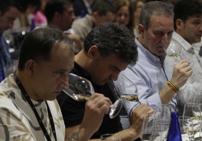 Un momento de la cata de Ópera Prima. Prueba de vinos blancos albillo mayor.