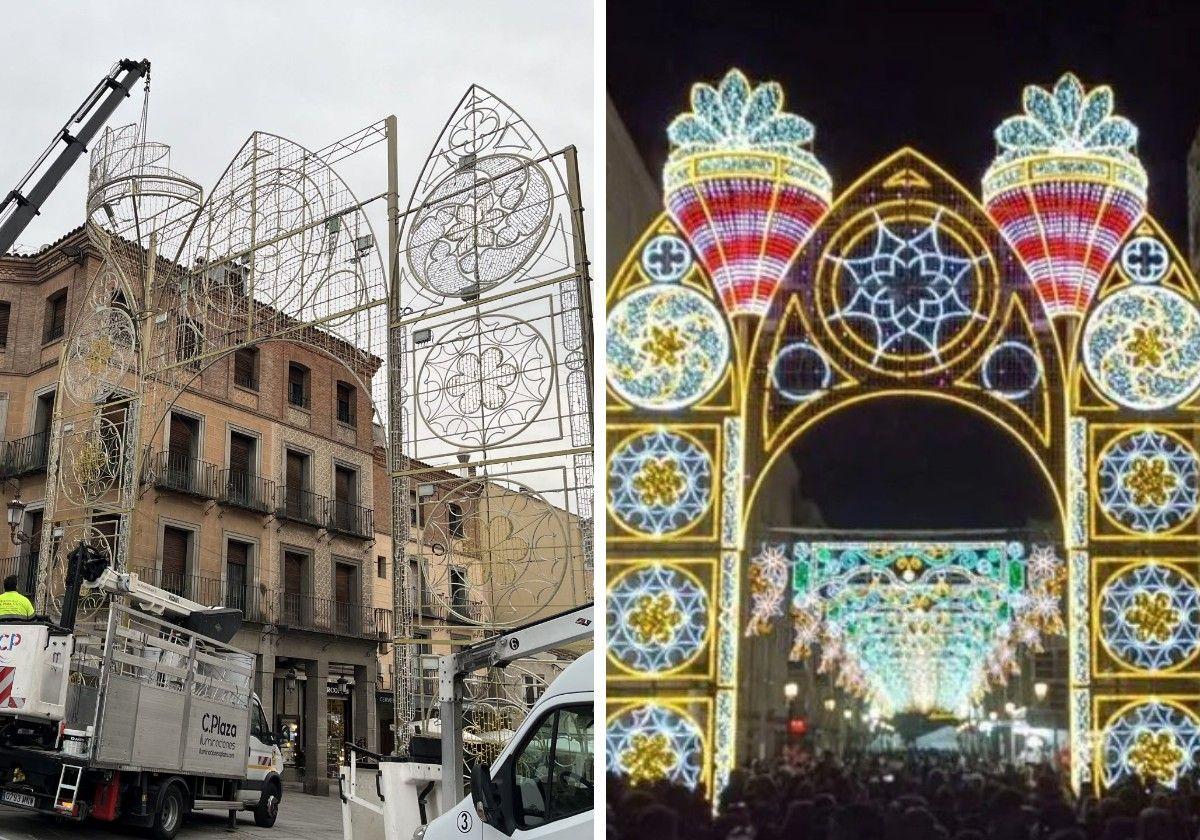 A la izquierda, montaje del pórtico de Navidad en Segovia, este martes; y a la derecha, la misma instalación iluminada en las pasadas Fallas.