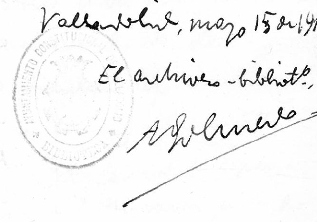 Firma de García Olmedo en el catálogo de la biblioteca de José Zorrilla.