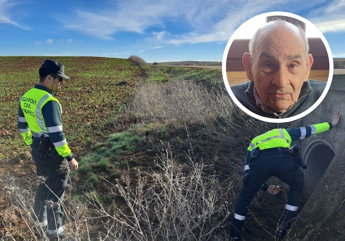 Agentes de la Guardia Civil peinan La Unión de Campos en busca del desaparecido. En el círculo, Segundo González Benito.