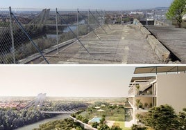 Arriba, estado actual de la plataforma del antiguo chalé. Sobre estas líneas, recreación de la misma vista con el edificio senior.