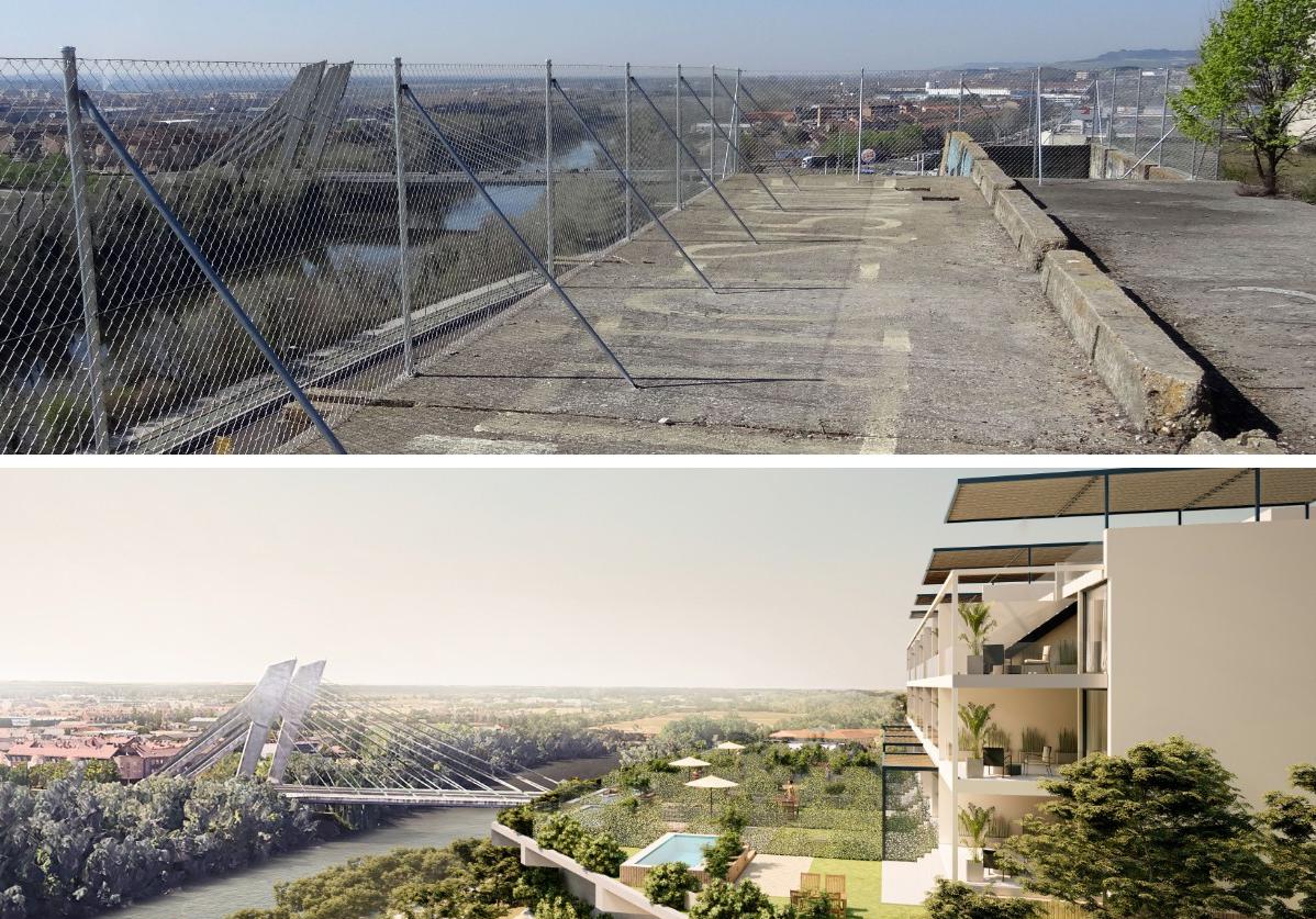 Arriba, estado actual de la plataforma del antiguo chalé. Sobre estas líneas, recreación de la misma vista con el edificio senior.